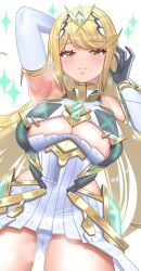 armpits arms_up black_gloves blonde_hair blush breasts cleavage cleavage_cutout closed_mouth clothing_cutout core_crystal_(xenoblade) covered_navel cowboy_shot dress elbow_gloves eyelashes female gloves gluteal_fold gold_trim highres impossible_clothes large_breasts long_hair looking_at_viewer meipasuye meipasuye mythra mythra_(xenoblade) panties short_dress side_cutout simple_background solo sparkle sweat sweatdrop swept_bangs thighs tiara underwear very_long_hair white_background white_dress white_gloves white_panties xenoblade_(series) xenoblade_chronicles_(series) xenoblade_chronicles_2 yellow_eyes