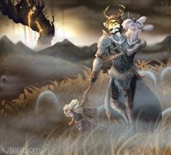 3_heads anthro antlers armor artist_name black_antlers blood bodily_fluids brown_hair bucklucky clothed clothing deer fangs fur grass green_hair grey_body grey_fur hair hammer hi_res holding_hammer holding_melee_weapon holding_object holding_sword holding_tool holding_weapon horn insane male mammal melee_weapon mouth_closed multi_head narrowed_eyes open_mouth orange_eyes outside plant saliva saliva_string solo sword teeth text tools tree weapon white_body white_fur yellow_body yellow_fur