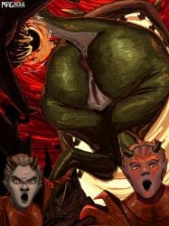 2025 anthro anus ass bethesda_game_studios big_butt biped clannfear claws daedra demon demon_humanoid digital_media_(artwork) female female_anthro genitals green_body group hi_res horn huge_butt humanoid magnetus male microsoft oblivion open_mouth portal pussy scalie the_elder_scrolls toe_claws trio two_soyjaks_pointing vulva white_body yellow_eyes