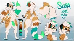 16:9 anthro ass balls big_butt black_pawpads blue_background bottom_heavy cheek_tuft chest_tuft closed_eyes cozymun digitigrade english_text erection facial_tuft fangs felid femboy fur genitals green_body green_fur green_highlights green_sclera grin hi_res highlights_(coloring) huge_butt humanoid_genitalia humanoid_penis hybrid liger male mammal model_sheet mude nonbinary_(lore) orange_body orange_fur orange_stripes pantherine pawpads paws pear-shaped_figure penis simple_background smile soba_(sobadaliger) solo striped_body striped_fur stripes teeth text thick_thighs tuft white_body white_fur white_gair wide_hips widescreen