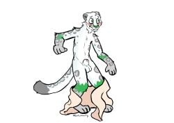 absurd_res accident accidental_exposure animal_genitalia animal_penis anthro balls blush coalcolorhusky embarrassed exposed felid feline_genitalia feline_penis genitals green_eyes hi_res karno_(coalcolorhusky) male mammal pantherine penis penis_tip sheath snow_leopard solo standing tail towel white_body