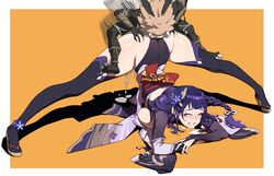 1boy ass ass_grab blush braid breasts clenched_teeth clothed_sex doggy_style female genshin_impact highres hilichurls_(species) horns jack-o_pose large_breasts leotard leotard_under_clothes long_legs mask monster motion_lines ouer_moyu purple_eyes purple_hair raiden_shogun rolling_eyes sex sex_from_behind size_difference spread_legs teeth thighhighs top-down_bottom-up