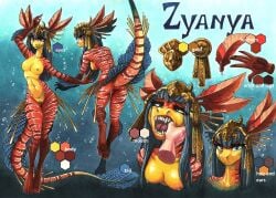 2023 4_toes 5_fingers absurd_res accessory anthro aztec biped black_hair blue_eyes breasts bubble ewgengster fangs feet female fin fingers fish genitals gold_(metal) gold_jewelry hair hair_accessory hi_res jewelry lionfish marine model_sheet nipples non-mammal_breasts nude nude_anthro nude_female open_mouth perciform pussy red_body scorpaeniform scorpaenoid solo striped_body stripes tail teeth toes traditional_media_(artwork) underwater vulva water yellow_body zyanya_(malthaeos)