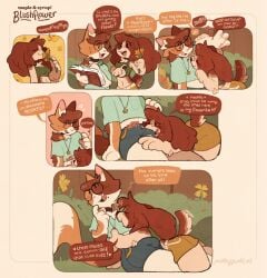 2025 anthro anthro_on_anthro aroused bird_dog bulge bulge_sniffing calico_cat canid canine canis chest_tuft comic dialogue domestic_cat domestic_dog duo english_text enjoying eyewear face_in_crotch felid feline felis female femboy forest glasses hi_res hunting_dog inner_ear_fluff jewelry male male/female mammal maple_(puppeypawbs) navel necklace outside plant puppeypawbs smelling_flower sniffing spaniel speech_bubble syrup_(puppeypawbs) tail tail_motion tailwag text tree tuft