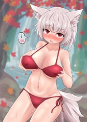 1girls big_breasts bikini blush breasts chups cleavage female momiji_inubashiri outdoors outside red_eyes solo swimsuit tagme touhou waterfall white_fur white_hair