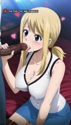 1boy ai_generated blonde_hair blue_skirt blush breasts brown_eyes cleavage collarbone covered_navel covered_nipples cum cum_in_mouth cum_on_body cum_on_breasts cum_on_tongue dark-skinned_male dark_skin facial fairy_tail fellatio female heart interracial large_breasts licking licking_penis long_hair lucy_heartfilia male meitabuu miniskirt open_mouth oral penis ponytail shirt sitting skirt sleeveless sleeveless_shirt solo_focus straight sweat tongue tongue_out uncensored veins veiny_penis white_shirt zipper