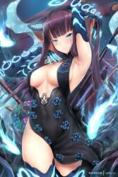 1girls arm_behind_head armpits bangs bare_shoulders black_dress black_gloves black_hair black_headwear black_legwear blue_eyes blue_fire blunt_bangs blush breasts center_opening closed_mouth dress elbow_gloves fate/grand_order fate_(series) female female_only fire flute gloves halo instrument large_breasts long_hair looking_at_viewer one_arm_up rei_kun smile solo tagme thighhighs thighs very_long_hair yang_guifei_(fate) yang_guifei_(fate/grand_order)