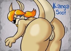 1girls anthro anus ass ass_focus asshole big_ass blonde_hair character_name crash_(series) crash_bandicoot_(series) crash_bash fat_ass kanga-soo kangaroo looking_at_viewer naughty_dog pussy rear_view simple_background tail unused_character