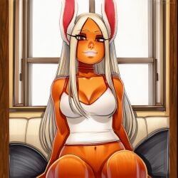 2025 ai_generated animal_ears artist_name breasts crazyfishbones dark-skinned_female female long_hair mirko rabbit_ears red_eyes solo white_hair