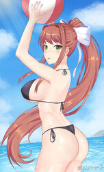 1girls ass beach beach_ball big_breasts bikini black_bikini black_thong bow breasts brown_hair doki_doki_literature_club female female_only green_eyes hair_ribbon hairbow hands_above_head holding_ball holding_object long_hair looking_at_viewer monika_(doki_doki_literature_club) only_female ponytail ribbon sleeptopi solo solo_female sticking_out_tongue swimsuit thong tongue_out very_long_hair water watersports wet wet_skin white_bow white_ribbon