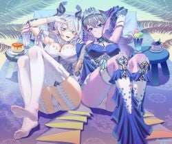 2girls absurd_res accessory armpits ass beach_background blue_eyes blue_skin blush breasts demon demon_girl demon_horns diadem duel_monster fangs female foot_fetish footwear fringe kitkallos_(yu-gi-oh!) labrynth_of_the_silver_castle legwear leotard looking_at_viewer lovely_labrynth_of_the_silver_castle merfolk mermaid neckline nervous one_arm_up open_mouth princess rare_lemon silver_eyes siren smile summer sweatdrop tearlaments_kitkallos thighs tiara underwear white_hair yu-gi-oh! yuri