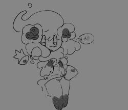 alcremie black_and_white crying dialogue dialogue_box digital_art digital_drawing_(artwork) digital_media digital_media_(artwork) exposed exposed_pussy female feral feral_on_feral full_body greyscale human_genitalia humanoid_genitalia humanoid_pussy monochrome non-human pokemon pokemon_(species) pokemon_ss pokephilia pussy_exposed scared semi_nude showing_pussy smaller_female text text_bubble