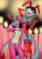 absurd_res anthro avian bird breasts bunny_costume clothing costume demon dragon duo female friendship_is_magic hasbro helluva_boss hi_res humanoid male male/male my_little_pony mythological_creature mythological_scalie mythology owl owl_demon reverse_bunny_costume rubymun scalie spike_(mlp) stolas_(helluva_boss)