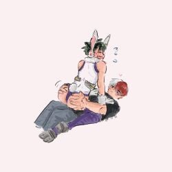 ass ass_grab_(another) bent_over blush boku_no_hero_academia bones_(company) boots burn_scar cosplay embarrassed freckles gloves grabbing_another's_ass green_hair huge_ass izuku_midoriya leotard lying midoriya_izuku mirko my_hero_academia nervous pancakeice_twt pants red_hair scar shirt shounen_jump shouto_todoroki tododeku todoroki_shouto two-tone_hair wavy_mouth white_hair