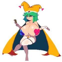 1girls animated areolae areolae_slip bouncing_breasts breasts cape game_cg gigantic_breasts gloves green_eyes green_hair heart_pasties heart_tattoo holding_object huge_breasts jester jester_hat kogoeruretasu legwear loop looping_animation lustful_dreamers pasties pixel_animation pixel_art posing saya_(lustful_dreamers) smile tagme top_heavy topless topless_female transparent_background white_gloves