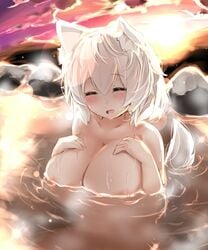 1girls areola_slip big_breasts blush closed_eyes female hot_spring houkai_(collapse_illust) momiji_inubashiri smile tagme touhou water wet wolf_girl