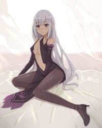 bangs bare_shoulders black_legwear blush breasts elbow_gloves female full_body gloves hair_ornament high_heels long_hair medium_breasts navel pantyhose purple_eyes silver_hair sitting smile solo very_long_hair