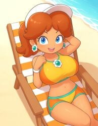 1girls 2025 2d 2d_(artwork) beach big_breasts big_thighs blue_eyes breasts brown_hair ear_piercing earrings hat huge_breasts laying_down long_hair looking_at_viewer looking_pleasured mario_(series) mario_kart mario_kart_world mouth mouth_open nintendo pony_tail ponytail princess_daisy sand sea solo solo_female solo_focus summer tanned tanned_female tanned_skin teeth teeth_showing teeth_visible thighs water white white_skinned_female