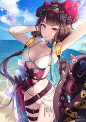 animal armpits artist_name bare_shoulders belt bikini bird blue_eyes blue_sky bracelet breasts clavicle cleavage cloud day eyewear_on_head fate/grand_order fate_(series) female floral_print goggles goggles_on_head hair_ornament hand_up high_resolution horizon jewelry katsushika_hokusai_(fate) katsushika_hokusai_(swimsuit_saber) kim_eb leg_belt lens_flare long_hair looking_at_viewer low_twintails medium_breasts navel ocean octopus one_arm_up outdoors pixiv_id_2345928 purple_hair sky small_breasts smile solo sunlight swimsuit tagme tied_hair tokitarou_(fate) twintails very_long_hair white_bikini white_swimsuit