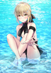 artoria_pendragon artoria_pendragon_(alter) artoria_pendragon_(alter)_(swimsuit_rider) barefoot black_bow black_swimsuit blonde_hair blush bow braid braided_bun breasts casual_one-piece_swimsuit cleavage cleavage_cutout clothing_cutout fate/grand_order fate_(series) feet female frown full_body gakuon_(gakuto) hair_between_eyes hair_bun hair_ornament hairbow high_resolution looking_at_viewer medium_breasts one-piece_swimsuit outstretched_arm outstretched_hand short_hair sitting solo swimsuit tied_hair yellow_eyes