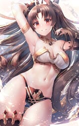 archway_of_venus arm_behind_head armlet armpits asymmetrical_legwear asymmetrical_sleeves bangs bare_shoulders black_hair blush breasts bridal_gauntlets cleavage clothing crown detached_collar earrings elbow_gloves eyebrows_visible_through_hair fate/grand_order fate_(series) female female glint gloves gluteal_fold gold gold_trim grin hair_ornament hair_ribbon hand_up headwear high_resolution hoop_earrings ishtar_(fate) jewelry legs light_particles long_hair long_legs looking_at_viewer medium_breasts motokonut navel parted_bangs pixiv_id_1836747 red_eyes ribbon single_elbow_glove single_thighhigh skindentation smile solo stomach tagme thighhighs thighs tohsaka_rin toned two_side_up very_long_hair