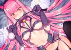 >:) animal_ears artist_name bangs bell black_gloves black_legwear black_panties black_underwear blush bow breasts choker closed_mouth dutch_angle eyebrows eyebrows_visible_through_hair eyelashes_visible_through_hair fake_animal_ears fate/grand_order fate_(series) female fiodo frill_trim frills garter_straps glint gloves hairband holding_riding_crop jingle_bell lingerie lips long_hair medb_(fate) medium_breasts navel nekomimi pantsu pink_eyebrows pink_hair ribbon_choker riding_crop saidyiiii shiny shiny_hair sidelocks smile solo thighhighs underboob underwear underwear_only v-shaped_eyebrows very_long_hair weapon yellow_eyes