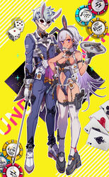 1boy 1girls animal_ears badge bangs bare_breasts bare_shoulders bare_thighs barely_visible_genitalia barely_visible_nipples barely_visible_pussy belly_button bowtie breasts bullet bunny_ears bunny_girl bunnysuit cane cards cleavage clothed_male collar cuffs dagger dark-skinned_female dark_skin dice female garter_straps gloves gun hair_ornament hair_ribbon headband highleg_leotard holding_object knife large_breasts long_hair long_legs long_sleeves low_ponytail mask midriff navel navel_cutout particles_(artist) pistol poker_chip ponytail pouch purple_eyes short_hair sideboob straps tagme thick_thighs thigh_highs thigh_strap thighhighs thighs tongue tongue_out underboob undercover weapon white_hair wrist_cuffs writing writing_on_skin