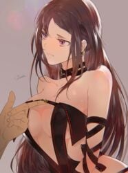 1boy artist_request bangs black_dress breasts brown_hair center_opening choker clavicle cleavage closed_mouth dress ear_piercing earrings fate/grand_order fate_(series) female jewelry large_breasts long_hair looking_at_another male navel out_of_frame piercing red_eyes revealing_clothes shinsukeja sideboob strap_lift strapless strapless_dress tagme very_long_hair yu_miaoyi_(fate)