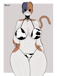 big_breasts blush breasts calico_cat cat_ears cat_tail cow_bikini cow_print dewi_aleman female female_meowscles female_only fortnite meowscles_(fortnite) r63_meowscles rule_63 watermark