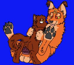 3_eyes anthro backsack brown_eartips brown_fur brown_stripes ear_tufts feet_up looking_pleasured moaning omlet_arcade orange_fur red_iris siblings streamer yellow_eyes yellow_sclera yuhait_streamer