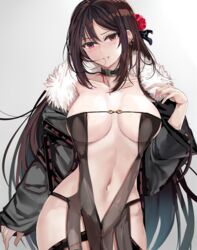 akuta_hinako areola_slip areolae bangs black_dress blood blood_from_mouth blood_on_face blush breast_slip breasts breasts_apart brown_hair center_opening choker cleavage cowboy_shot curvaceous curves dress ear_piercing earrings exhibitionism fate/grand_order fate_(series) female flower full_cleavage fur fur-trimmed_jacket fur_collar fur_trim grey_background hair_flower hair_ornament head_tilt hips jacket jewelry large_breasts light_background long_hair looking_at_viewer misaka12003 misaka_12003-gou navel nipples open_clothes open_jacket piercing red_eyes revealing_clothes see-through sidelocks simple_background slender_waist smile solo standing strapless strapless_dress sweat tagme vampire very_long_hair wardrobe_malfunction white_background yu_miaoyi_(fate)