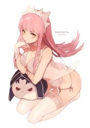 artist_name ass bra breasts choker cu_chulainn_(alter) cu_chulainn_(fate) dark_persona fate/grand_order fate_(series) female garter gloves hairband kneeling lancer lingerie long_hair looking_at_viewer medb_(fate) objectification pantsu partly_fingerless_gloves pink_hair saika_(saika_nyan) seiza shiny shiny_skin simple_background sitting solo tagme thigh_strap thighhighs underwear white_background white_bra white_gloves white_hair_ornament white_hairband white_legwear white_neckwear white_panties white_underwear yellow_eyes