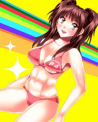 1girls atlus bikini bikini_bottom bikini_top bottomwear brown_hair cleavage clothed clothed_female clothing earrings female female_only fit_female human kujikawa_rise light_brown_eyes persona persona_4 pink_swimsuit revealing_clothes sen_(sansui) sparkle swimsuit swimwear thick_thighs thighs topwear twintails underboob yellow_background