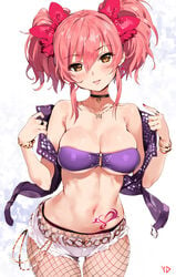 bikini bikini_top blush_stickers brown_eyes female female fishnets high_resolution idolmaster idolmaster_cinderella_girls jougasaki_mika looking_at_viewer orange_maru pink_hair short_shorts shorts solo swimsuit tagme tattoo