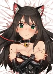 animal_ears bell bell_collar blush breasts brown_hair chains collar cropped dakimakura eowulf1117 female female green_eyes idolmaster idolmaster_cinderella_girls jp06 leash long_hair looking_at_viewer medium_breasts nude open_mouth shibuya_rin solo tagme third-party_edit upper_body yang-do