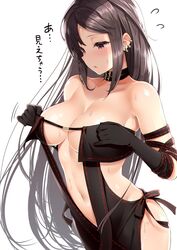 :o akuta_hinako bangs bare_shoulders black_dress black_hair breasts brown_hair center_opening choker clavicle cleavage clothes_pull cowboy_shot dress dress_pull ear_piercing earrings embarrassed fate/grand_order fate_(series) female flying_sweatdrops high_resolution hips izure_(pixiv16392012) jewelry large_breasts long_hair looking_down navel no_bra nopan piercing red_eyes revealing_clothes sidelocks simple_background slender_waist solo stomach strapless strapless_dress sweat sweatdrop tagme underboob very_long_hair white_background yu_miaoyi_(fate)