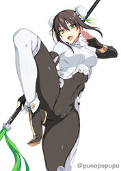 bangs black_footwear blush bodysuit bracelet breasts brown_hair bun_cover cameltoe chinese_clothes covered_navel double_bun fate/grand_order fate_(series) female female fingerless_gloves gloves green_eyes hair_between_eyes high_resolution jewelry leg_up legs long_hair looking_at_viewer medium_breasts open_mouth paparins polearm qin_liangyu_(fate) sidelocks simple_background smile solo spear tagme thighs weapon white_background zeroshiki_kouichi