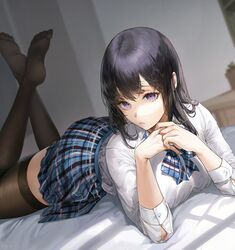 artist_name bangs bed bed_sheet black_hair black_legwear blue_bow blue_neckwear blue_skirt bow bowtie breasts closed_mouth crossed_ankles dutch_angle eb十 eyebrows_visible_through_hair eyelashes female fingernails kim_eb large_breasts long_fingernails long_hair long_sleeves looking_at_viewer lying miniskirt on_bed on_stomach original own_hands_together pixiv_id_2345928 plaid plaid_skirt pleated_skirt purple_eyes school_uniform skirt solo tagme thighhighs thighs uniform zettai_ryouiki