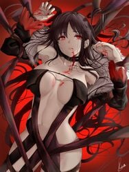 bangs black_dress black_jacket blood blood_from_mouth breasts brown_hair choker clavicle dress ear_piercing fate/grand_order fate_(series) female female fur_trim hip_focus hips jacket large_breasts long_hair looking_at_viewer navel open_clothes open_jacket parted_lips piercing piukute062 red_eyes revealing_clothes solo strapless strapless_dress tagme thighs very_long_hair yu_miaoyi_(fate)