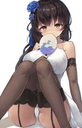 black_gloves black_hair black_legwear blush breasts brown_eyes covering_mouth dress elbow_gloves fan female fingerless_gloves garter_straps girls'_frontline gloves halterneck high_resolution holding holding_fan knees_up large_breasts lingerie long_hair looking_at_viewer motokonut panties paper_fan sitting solo tagme thighhighs thighs type_95_(girls'_frontline) uchiwa underwear white_dress white_panties white_underwear