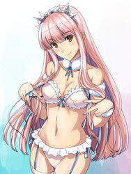 bangs bare_shoulders blue_bow blunt_bangs blush bow bow_bra bra breasts brown_eyes choker clavicle cleavage closed_mouth clothing eyebrows eyebrows_visible_through_hair fate/grand_order fate_(series) female female garter_straps hair_ornament head_tilt high_resolution lace lace-trimmed_panties lace_bra lace_trim legwear lingerie long_hair looking_at_viewer medb_(fate) medium_breasts navel pantsu pink_bra pink_hair pink_legwear pink_panties ribbon_choker shimo_(s_kaminaka) sidelocks simple_background smile solo tagme thighhighs underwear undressing wrist_cuffs