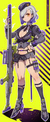 1girls bangs bare_legs bare_midriff bare_thighs belly_button breasts cleavage clothed collar dark-skinned_female dark_skin darts detailed_shoes english english_text eye_patch eyebrows_visible_through_hair eyelashes eyewear female female_focus female_only garter garter_belt garter_straps gold_eyes grey_hair gun hand_on_hip hat heeled_shoes heels holding_object holster holstered_weapon large_breasts long_legs long_sleeves long_socks midriff military military_hat military_uniform navel open_shirt particles_(artist) pouch purple_hair rifle short_hair short_skirt skirt socks solo solo_female solo_focus tagme tan_skin thick_thighs thigh_strap thighs tie tie_between_breasts two_tone_hair weapon wrist_cuffs