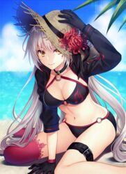 arm_support asymmetrical_legwear beach belt bent_knees bikini black_bikini black_gloves black_handwear black_swimsuit blue_sky breasts choker clavicle cleavage closed_mouth cloud cropped_jacket day eyebrows_visible_through_hair fate/grand_order fate_(series) female flower flower_hat gloves golden_eyes grey_hair hand_on_hat hand_on_headwear hat hat_flower jacket jeanne_alter jeanne_d'arc_(alter) jeanne_d'arc_(alter)_(swimsuit_berserker) jeanne_d'arc_(fate) leaf leg_belt legwear long_hair long_sleeves looking_at_viewer medium_breasts midriff navel o-ring o-ring_bikini ocean outdoors red_flower red_legwear shrug_(clothing) silver_hair single_thighhigh sitting sky smile solo sparkle spider_lily straw_hat sun_hat sunbeam sunlight swimsuit tagme thighhighs wariza water white_hair yamyom yellow_eyes