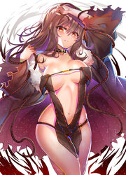 akuta_hinako assassin bangs bare_shoulders black_dress black_hair breasts breasts_apart brown_hair center_opening choker clavicle dress ear_piercing earrings eyebrows_visible_through_hair fate/grand_order fate_(series) female fur_trim hair hair_between_eyes high_resolution jacket jewelry large_breasts lips long_hair looking_at_viewer navel one_arm_up orange_eyes parted_lips piercing red_eyes revealing_clothes sidelocks simple_background smile solo strapless strapless_dress sunhyun tagme teeth very_long_hair white_background yu_miaoyi yu_miaoyi_(fate)