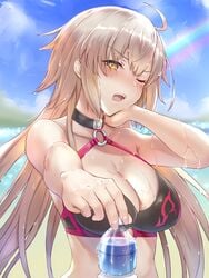 ahoge beach bikini bikini_top black_bikini black_swimsuit blue_sky blush bottle breasts choker clavicle cleavage clothing cloud day exposed_shoulders eyebrows_visible_through_hair fate/grand_order fate_(series) female golden_eyes hand_up head_tilt high_resolution holding holding_bottle jeanne_alter jeanne_d'arc_(alter) jeanne_d'arc_(alter)_(swimsuit_berserker) jeanne_d'arc_(alter_swimsuit_berserker)_(fate) jeanne_d'arc_(fate) large_breasts lips long_hair looking_at_viewer midriff o-ring o-ring_bikini o-ring_top ocean one_eye_closed open_mouth outdoors parted_lips platinum_blonde rainbow shiny shiny_hair shiny_skin silver_hair skindentation sky solo standing stomach suiete swimsuit tagme thighs tsundere upper_body water water_bottle water_droplets wet wet_hair white_hair wink yellow_eyes