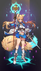 1girls animal_ears bare_legs bare_midriff bare_thighs belly_button blonde_hair blonde_hair blue_eyes breasts detailed_shoes english_text female female_focus female_only floating flowing_hair fluffy_ears fluffy_tail fox_ears fox_girl fox_tail foxgirl garter garter_belt garter_straps glove glowing_eyes holding_object long_hair long_legs magic magical_girl midriff multicolored_ears multicolored_tail navel open_clothes open_mouth particles_(artist) pouch short_skirt skirt socks solo solo_female solo_focus staff sword tail thigh_strap twintails very_long_tail weapon whisker_markings