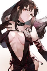 bangs bare_shoulders black_dress black_gloves blazpu blush breasts brown_eyes brown_hair center_opening choker clavicle cleavage dress earrings elbow_gloves fate/grand_order fate_(series) female gloves high_resolution jewelry long_hair looking_at_viewer medium_breasts navel ribbon-trimmed_dress tagme yu_mei-ren_(fate) yu_miaoyi_(fate)