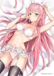 armpits ayakawa_riku bangs bare_shoulders black_legwear blush bra breasts clavicle cleavage clothing crown fate/grand_order fate_(series) female female garter_belt headwear hip_focus hips lingerie long_hair looking_at_viewer lying medb_(fate) medium_breasts miniskirt navel on_back one_arm_up pantsu parted_lips pink_hair pink_ribbon ribbon skirt solo tagme thighhighs thighs tiara underwear white_bra white_panties white_skirt white_underwear yellow_eyes