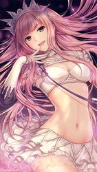 :d artist_name breasts brown_eyes cleavage clothing cowboy_shot crop_top crown elbow_gloves fate/grand_order fate_(series) female female floating_hair gloves hagino_kouta hand_up headwear lens_flare long_hair looking_at_viewer medb_(fate) medium_breasts midriff miniskirt navel open-mouth_smile open_mouth pink_hair riding_crop see-through shirt sidelocks skirt sleeveless sleeveless_shirt smile solo tagme tiara turtleneck vallota white_gloves white_shirt white_skirt