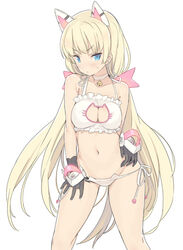 angela_balzac animal_ears animal_lingerie bangs bare_arms bare_legs bare_shoulders bare_thighs bell bell_collar black_gloves blade_(lovewn) blonde_hair blue_eyes bra breasts cat_cutout cat_ear_panties cat_keyhole_bra cat_lingerie clavicle cleavage cleavage_cutout clothing clothing_cutout collar crotch fake_animal_ears female female_only gloves keyhole_bra legs light_background lingerie long_hair looking_at_viewer lowleg lowleg_panties medium_breasts meme_attire navel nekomimi pale_skin pantsu pixiv pose rakuen_tsuihou side-tie_panties simple_background solo standing string_panties sweat tagme teasing thighs underwear very_long_hair white_background white_bra white_panties white_underwear